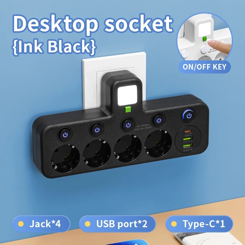 EU Plug Outlet 4 Sockets Electrical Socket No Extension Cord With USB Type-C Ports Two specifications